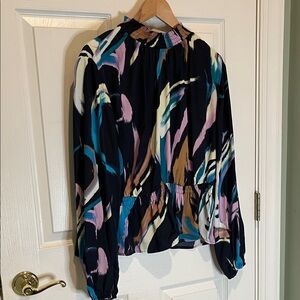 Nine West Black Blouse with Teal, Pink & Cream Brushstroke Print
